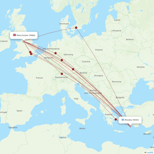 Flights from Rhodes to Manchester, RHO to MAN - Flight Routes