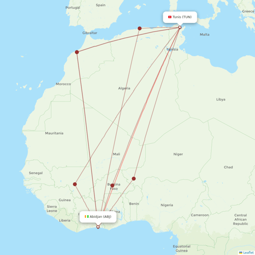 Tunisair flights between Abidjan and Tunis