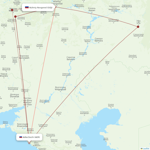 Pegas Fly flights between Adler/Sochi and Nizhniy Novgorod