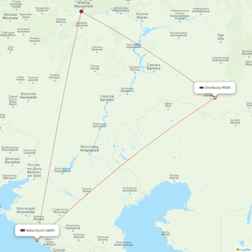 Pegas Fly flights between Adler/Sochi and Orenburg