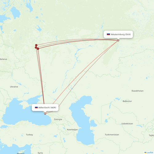 Ural Airlines flights between Adler/Sochi and Yekaterinburg