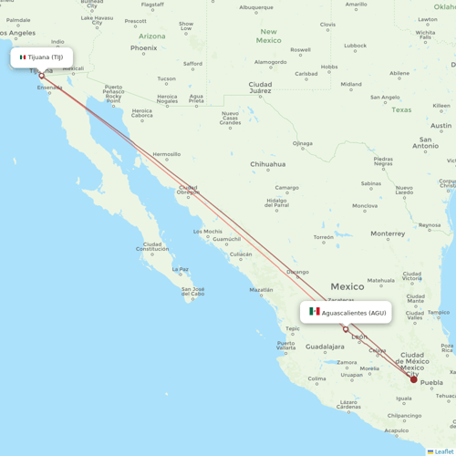 Volaris flights between Aguascalientes and Tijuana