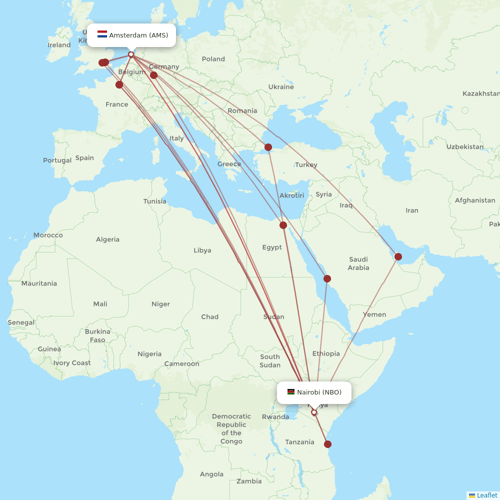 Kenya Airways flights between Amsterdam and Nairobi