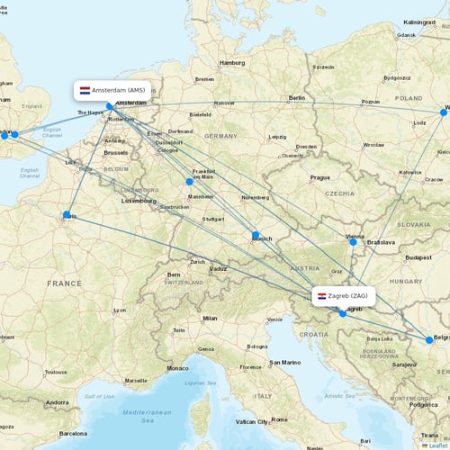 Croatia Airlines flights between Amsterdam and Zagreb
