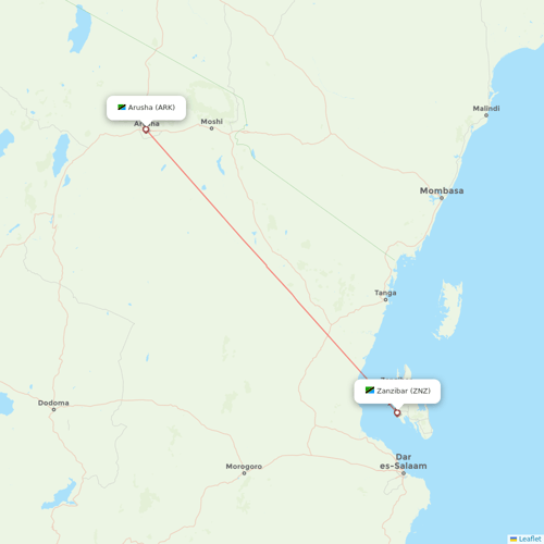 Precision Air flights between Arusha and Zanzibar
