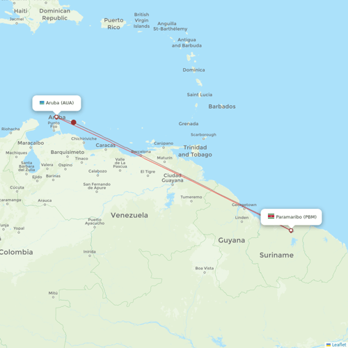 Surinam Airways flights between Aruba and Paramaribo