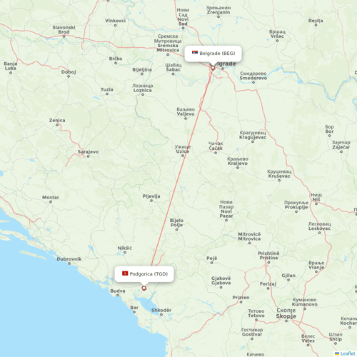 Air Serbia flights between Belgrade and Podgorica
