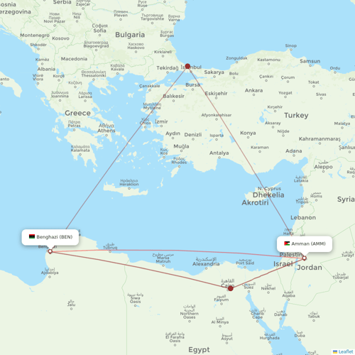 Libyan Airlines flights between Benghazi and Amman