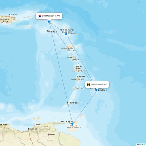 Winair flights between Bridgetown and Sint Maarten