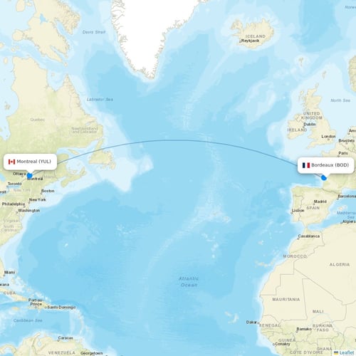 Air Transat flights between Bordeaux and Montreal