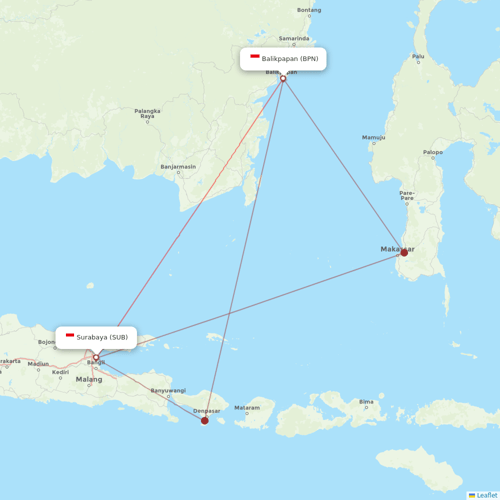 Lion Air flights between Balikpapan and Surabaya