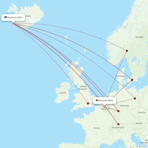 Icelandair flights between Brussels and Reykjavik
