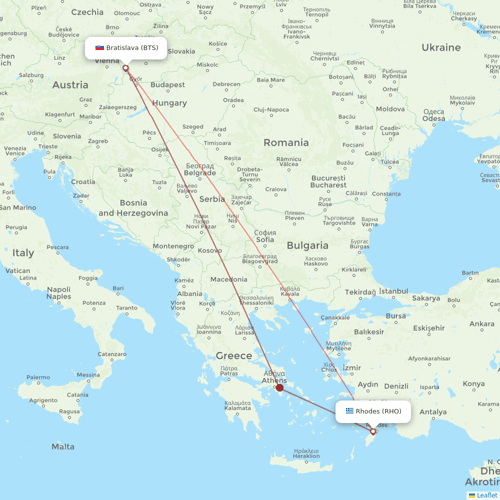 SmartWings flights between Bratislava and Rhodes