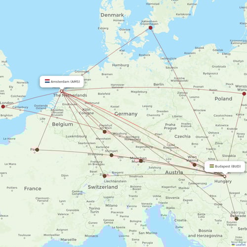 KLM flights between Budapest and Amsterdam