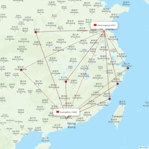 9 Air Co flights between Guangzhou and Lianyungang