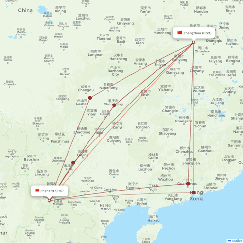 Lucky Air flights between Zhengzhou and Jinghong