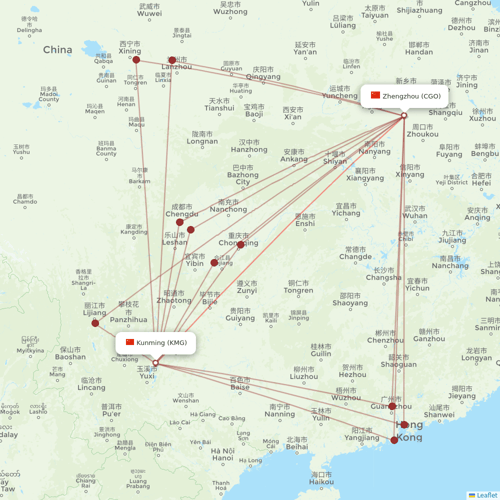 HongTu Airlines flights between Zhengzhou and Kunming