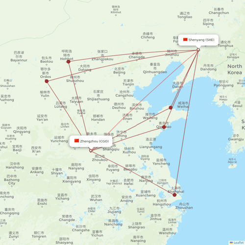 9 Air Co flights between Zhengzhou and Shenyang
