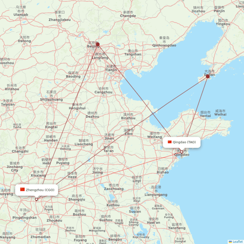 Qingdao Airlines flights between Zhengzhou and Qingdao