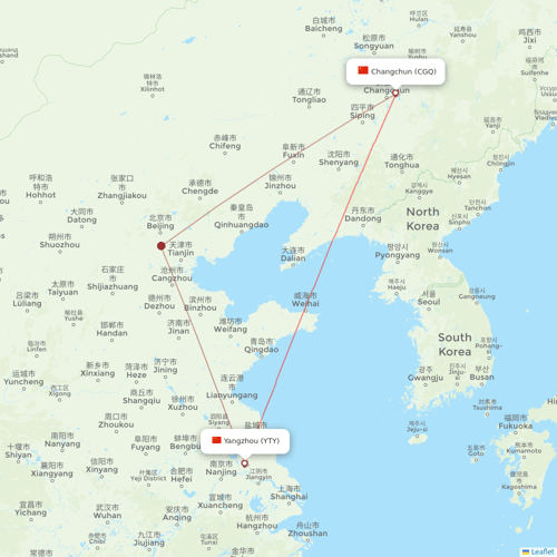 Qingdao Airlines flights between Changchun and Yangzhou