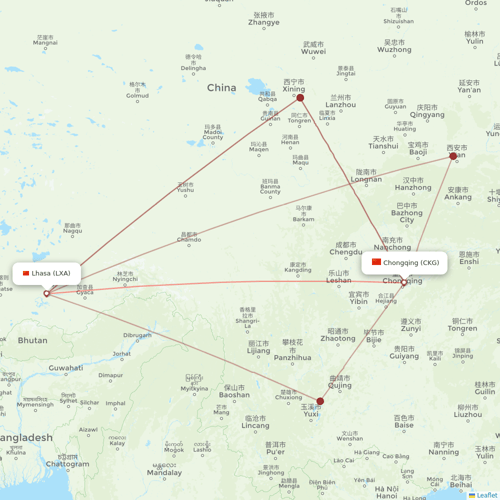 Tibet Airlines flights between Chongqing and Lhasa/Lasa