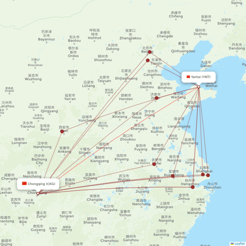 Qingdao Airlines flights between Chongqing and Yantai