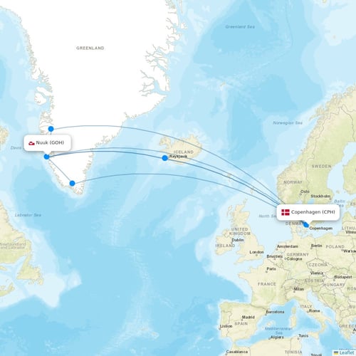 Air Greenland flights between Copenhagen and Nuuk