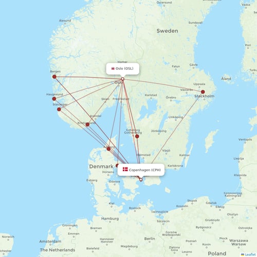 Scandinavian Airlines flights between Copenhagen and Oslo