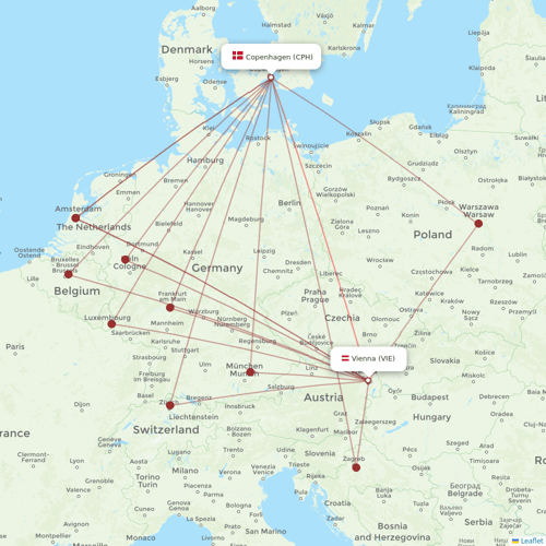 Austrian flights between Copenhagen and Vienna