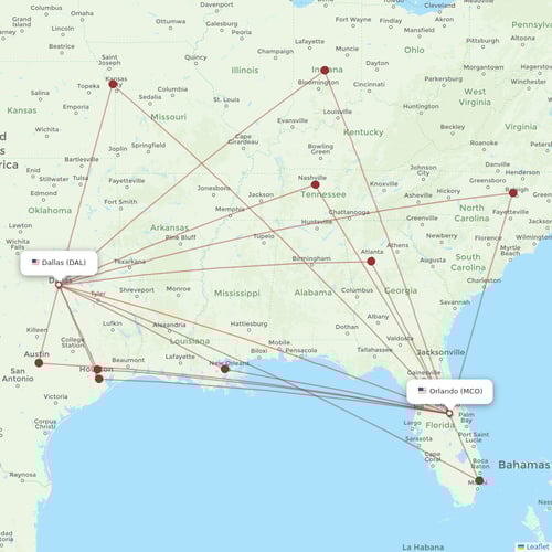 Southwest Airlines flights between Dallas and Orlando