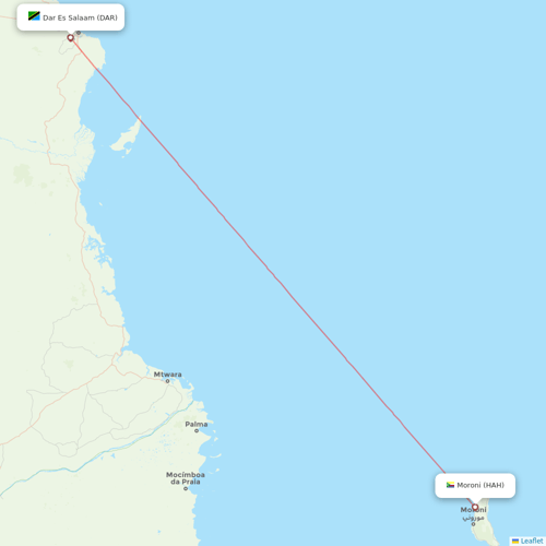 Precision Air flights between Dar Es Salaam and Moroni