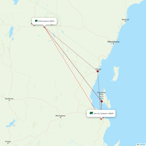 Precision Air flights between Dar Es Salaam and Kilimanjaro