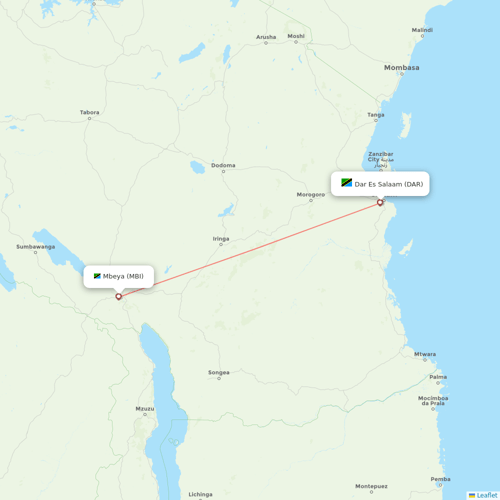 Air Tanzania flights between Dar Es Salaam and Mbeya