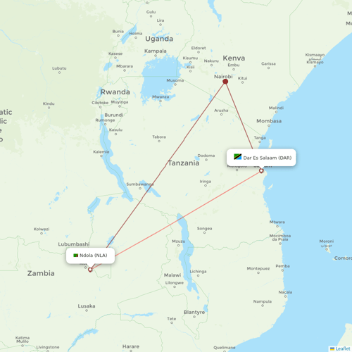 Air Tanzania flights between Dar Es Salaam and Ndola