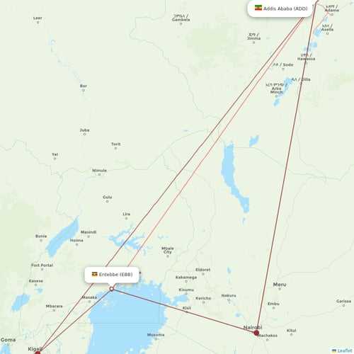 Ethiopian Airlines flights between Entebbe and Addis Ababa