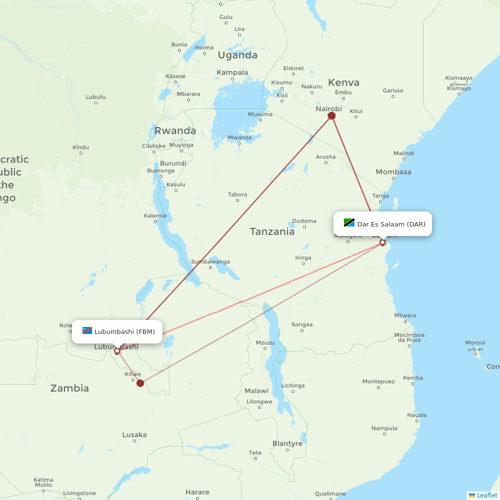 Air Tanzania flights between Lubumbashi and Dar Es Salaam