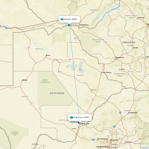 Air Botswana flights between Gaborone and Kasane