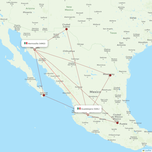 Volaris flights between Guadalajara and Hermosillo
