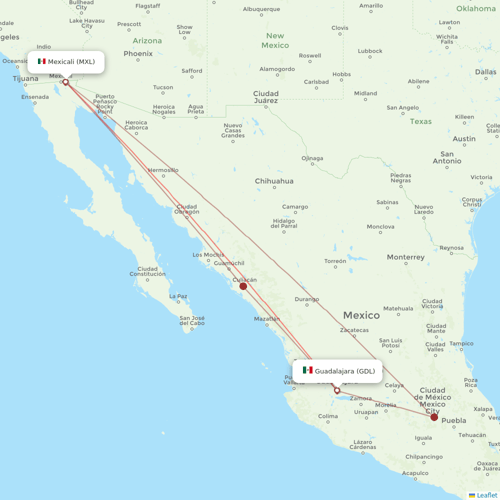 Volaris flights between Guadalajara and Mexicali