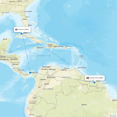 Fly All Ways flights between Havana and Paramaribo