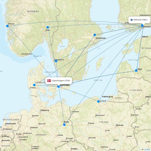 Finnair flights between Helsinki and Copenhagen