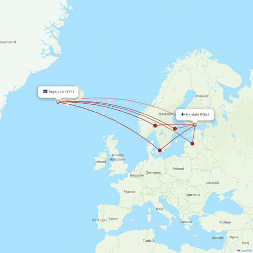 Icelandair flights between Helsinki and Reykjavik