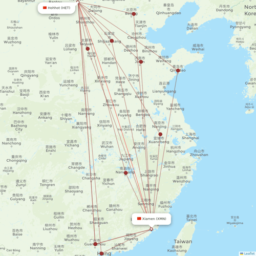 Fuzhou Airlines flights between Hohhot and Xiamen