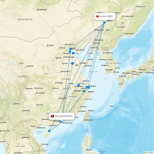 Asia Atlantic Airlines flights between Hong Kong and Harbin