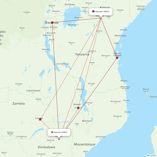 Kenya Airways flights between Harare and Nairobi