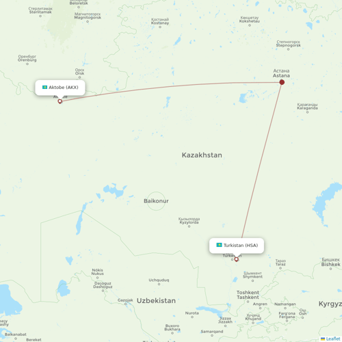 Qazaq Air flights between Turkistan and Aktobe