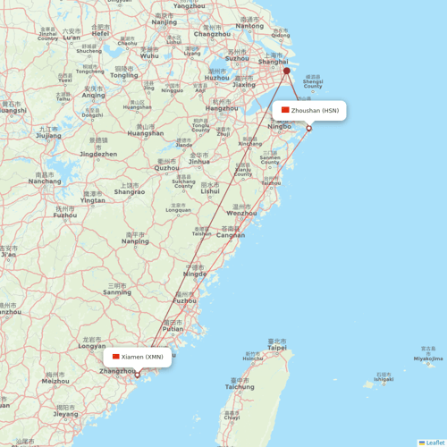 Fuzhou Airlines flights between Zhoushan and Xiamen