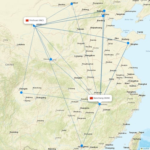9 Air Co flights between Yinchuan and Nanchang