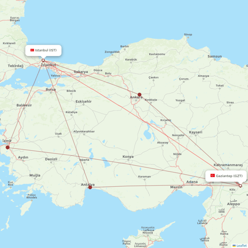 Turkish Airlines flights between Istanbul and Gaziantep