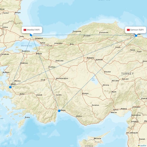 Turkish Airlines flights between Istanbul and Samsun